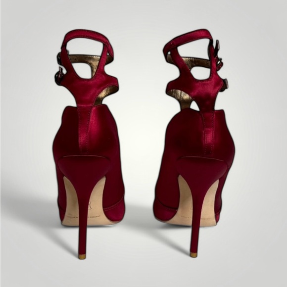 NEW LEON MAX PIKA SATIN & LEATHER WRAP PEEP TOE PUMPS in Bordeaux Size 7 NWOB - Picture 4 of 12